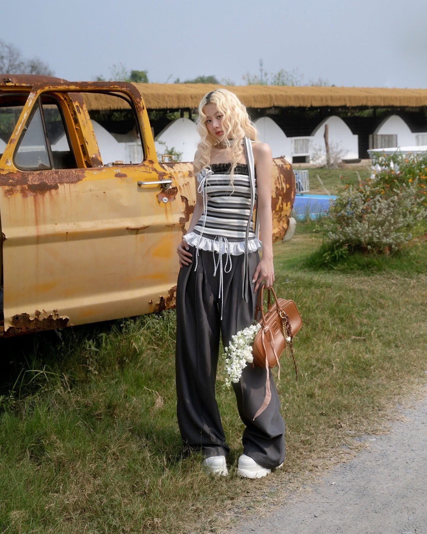 SWAN Closet Striped strapless top + pants set