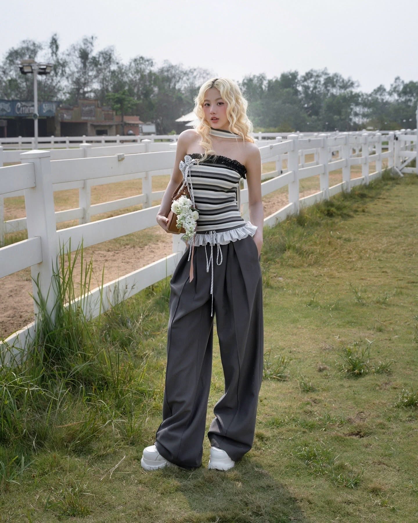 SWAN Closet Striped strapless top + pants set
