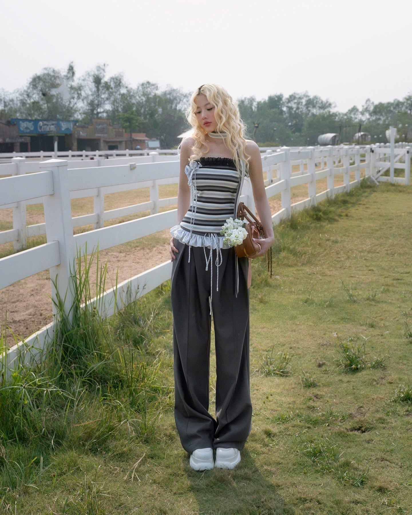 SWAN Closet Striped strapless top + pants set
