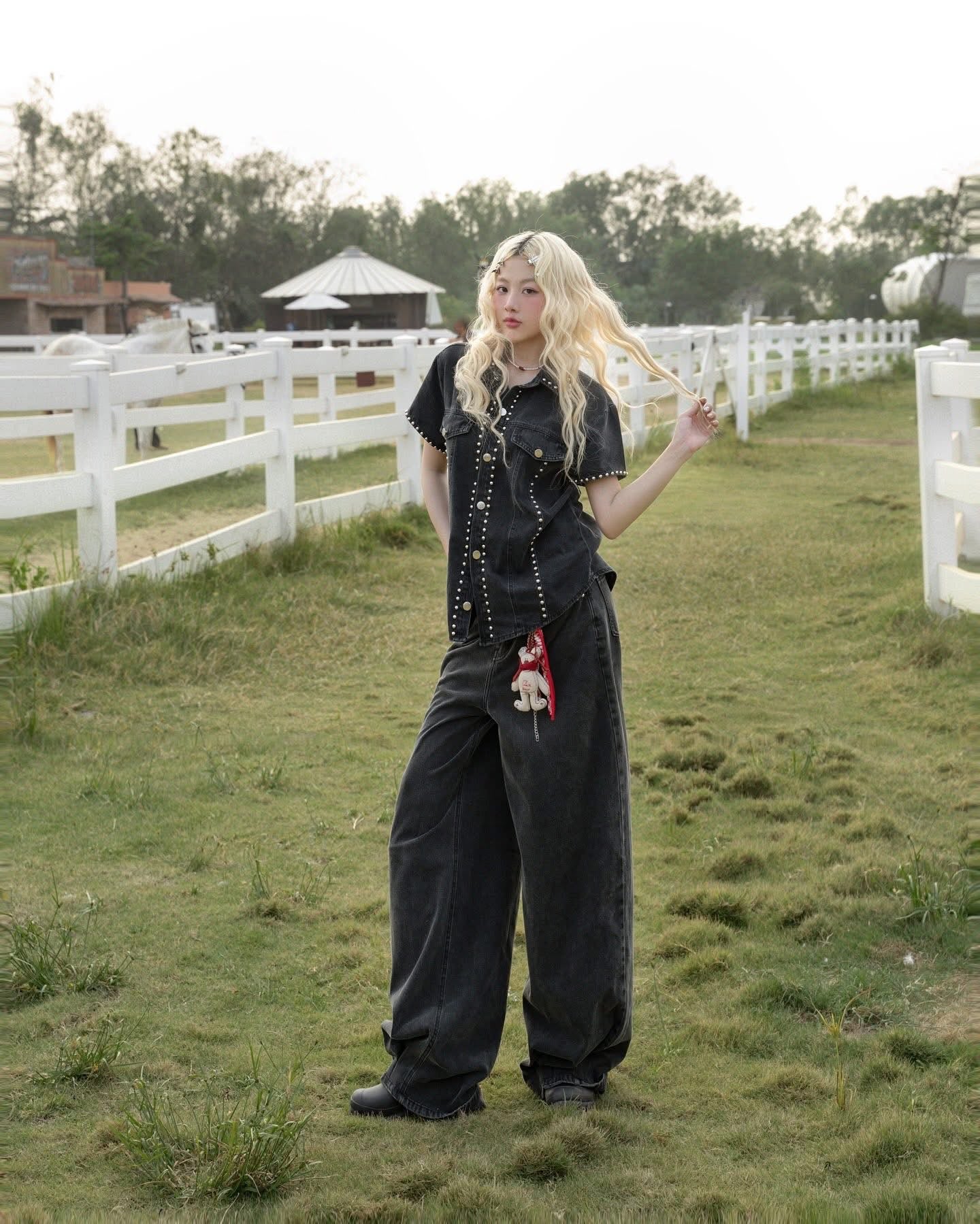 SWAN Closet Black denim top + pants set