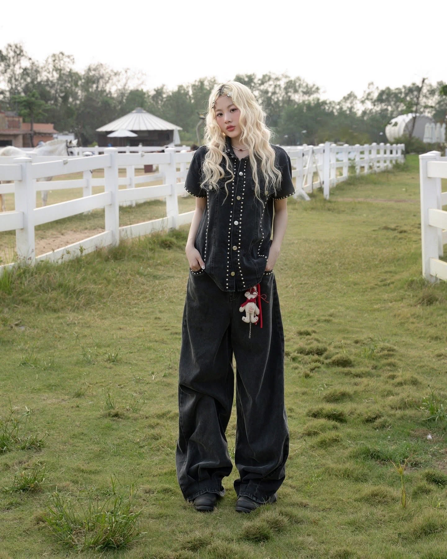 SWAN Closet Black denim top + pants set