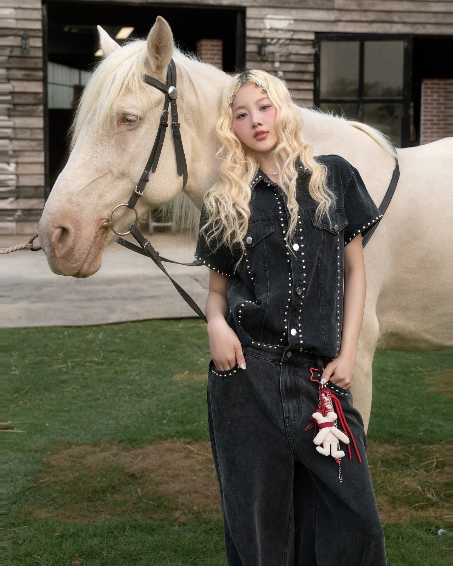 SWAN Closet Black denim top + pants set