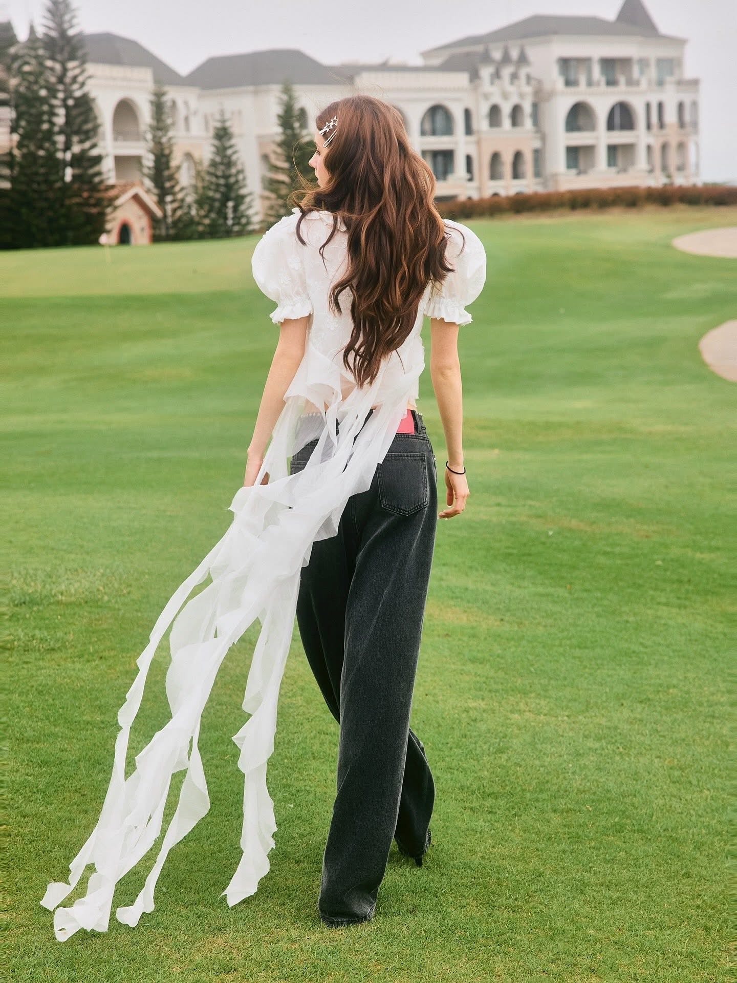 SWAN Closet Puff sleeve ribbon top + pants set