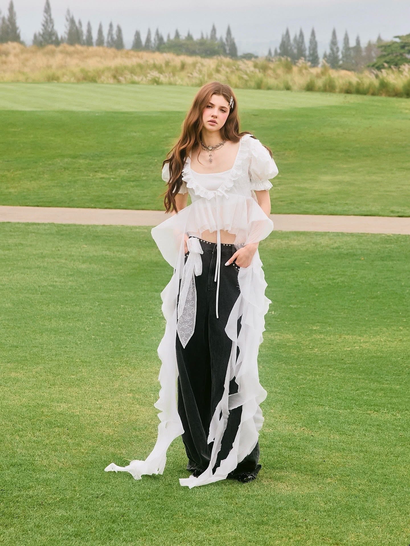 SWAN Closet Puff sleeve ribbon top + pants set