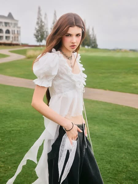 SWAN Closet Puff sleeve ribbon top + pants set
