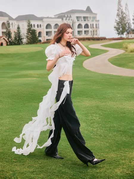 SWAN Closet Puff sleeve ribbon top + pants set
