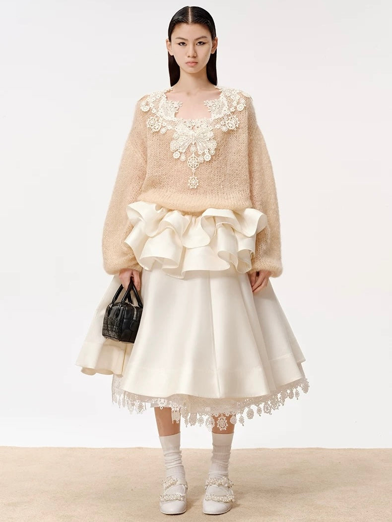 XIAOLI Leisure pullover lace sweater & skirt (3color)