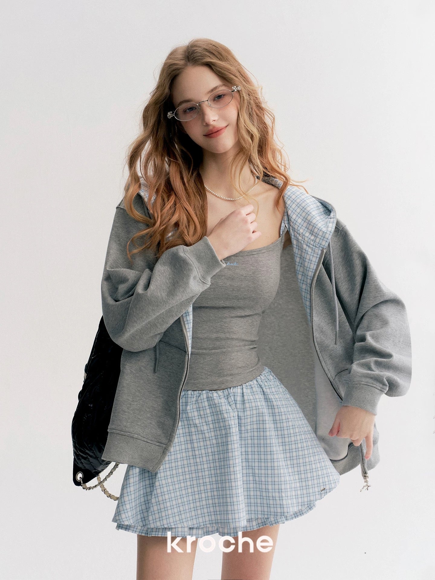 Kroche Plaid patchwork hooded sweatshirt + skirt + vest set