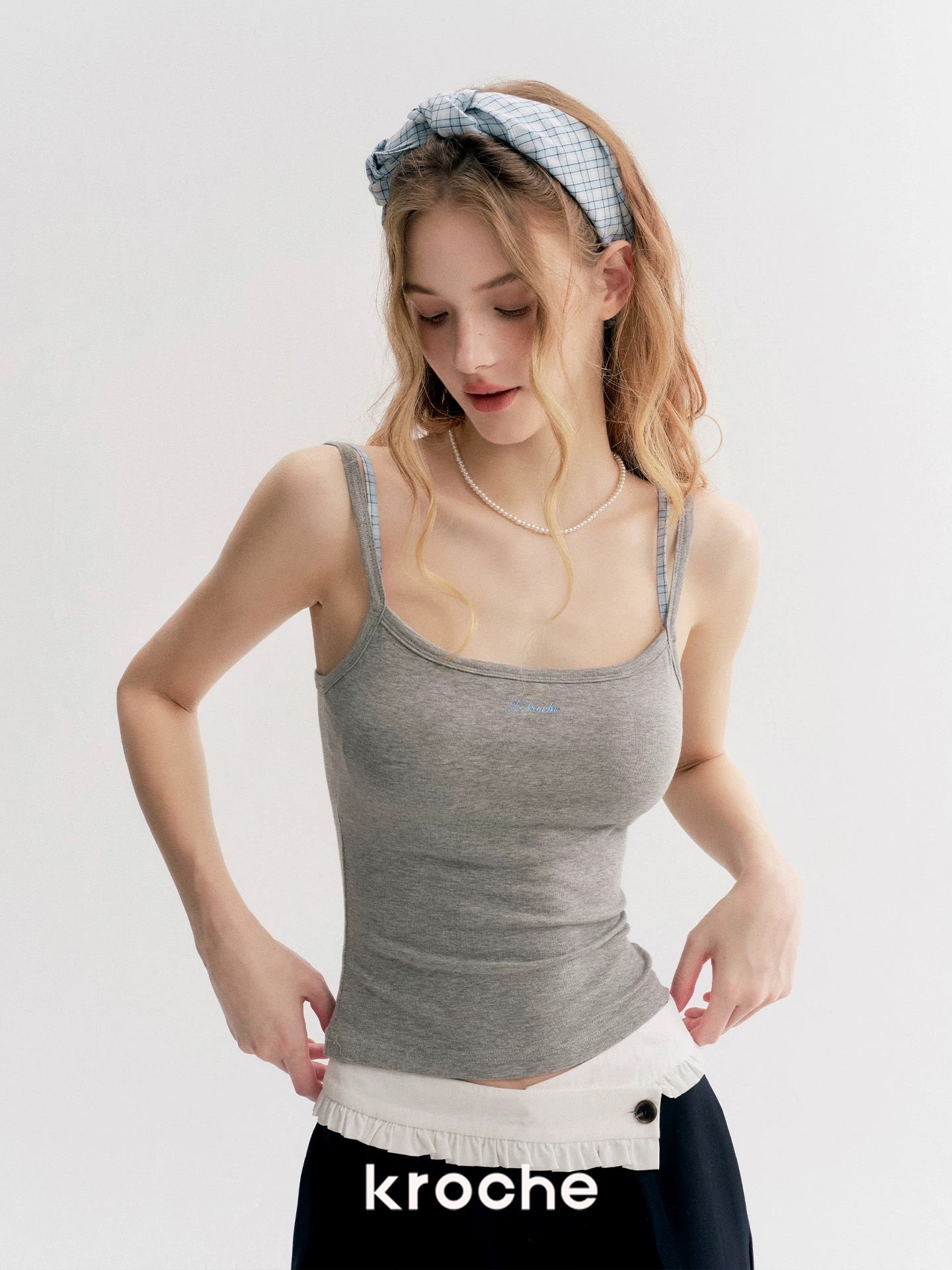 Kroche Plaid patchwork hooded sweatshirt + skirt + vest set