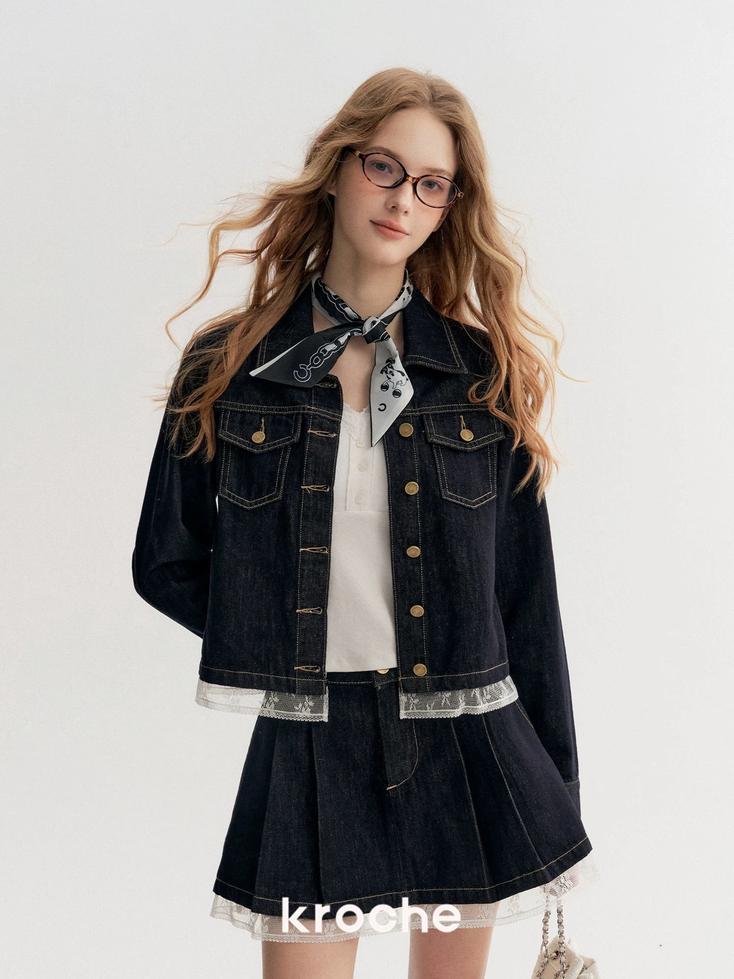 Kroche Lace patchwork denim jacket + skirt set