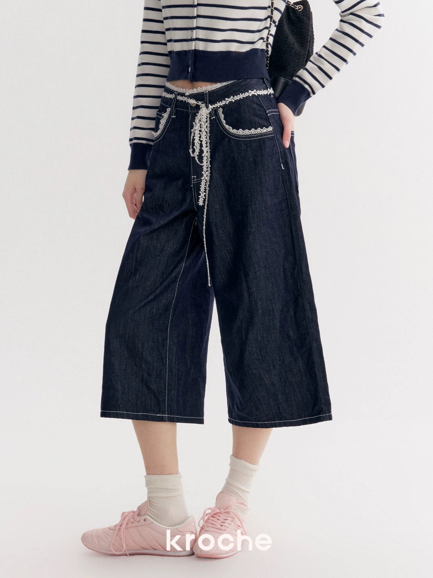 Kroche Lace patchwork loose denim cropped pants
