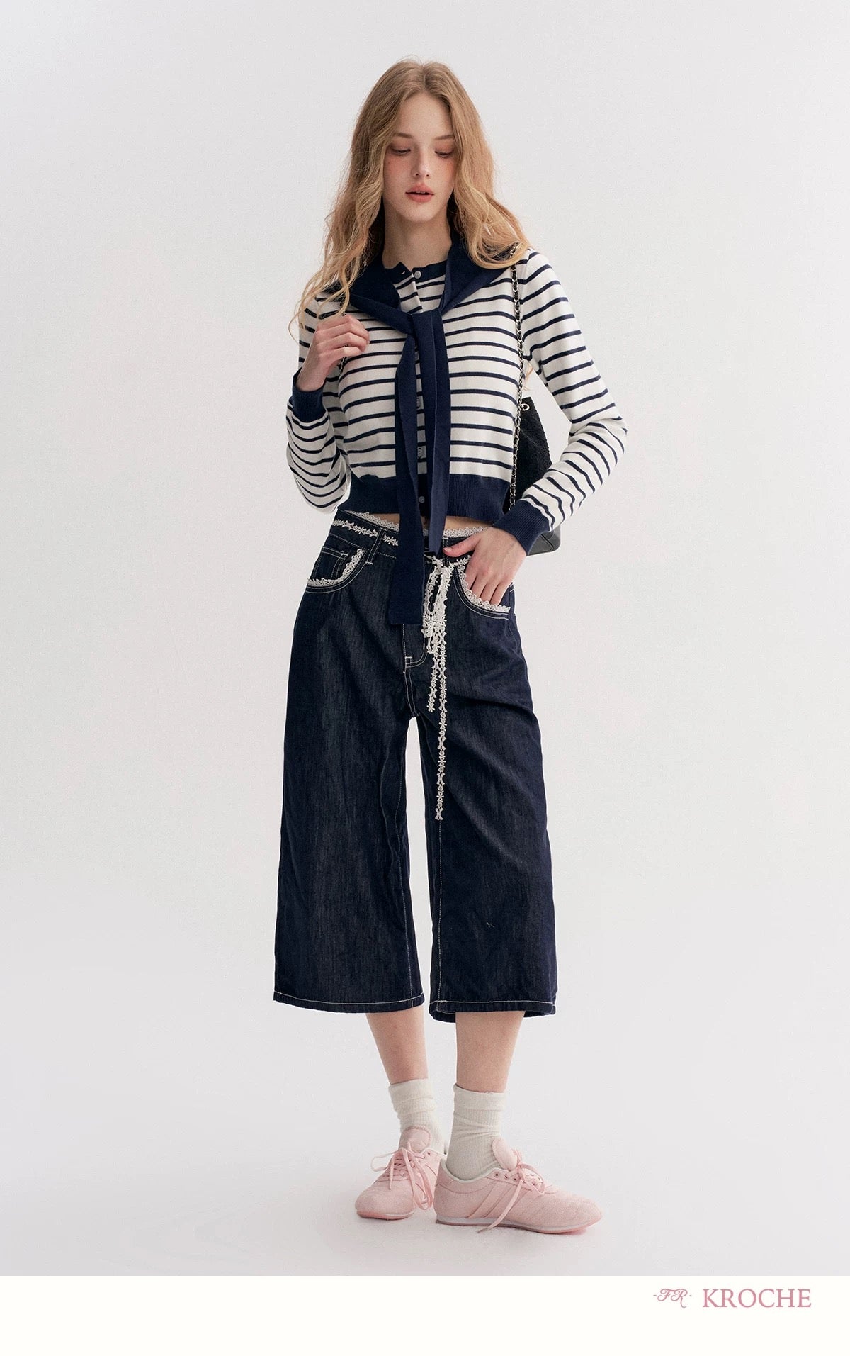 Kroche Lace patchwork loose denim cropped pants