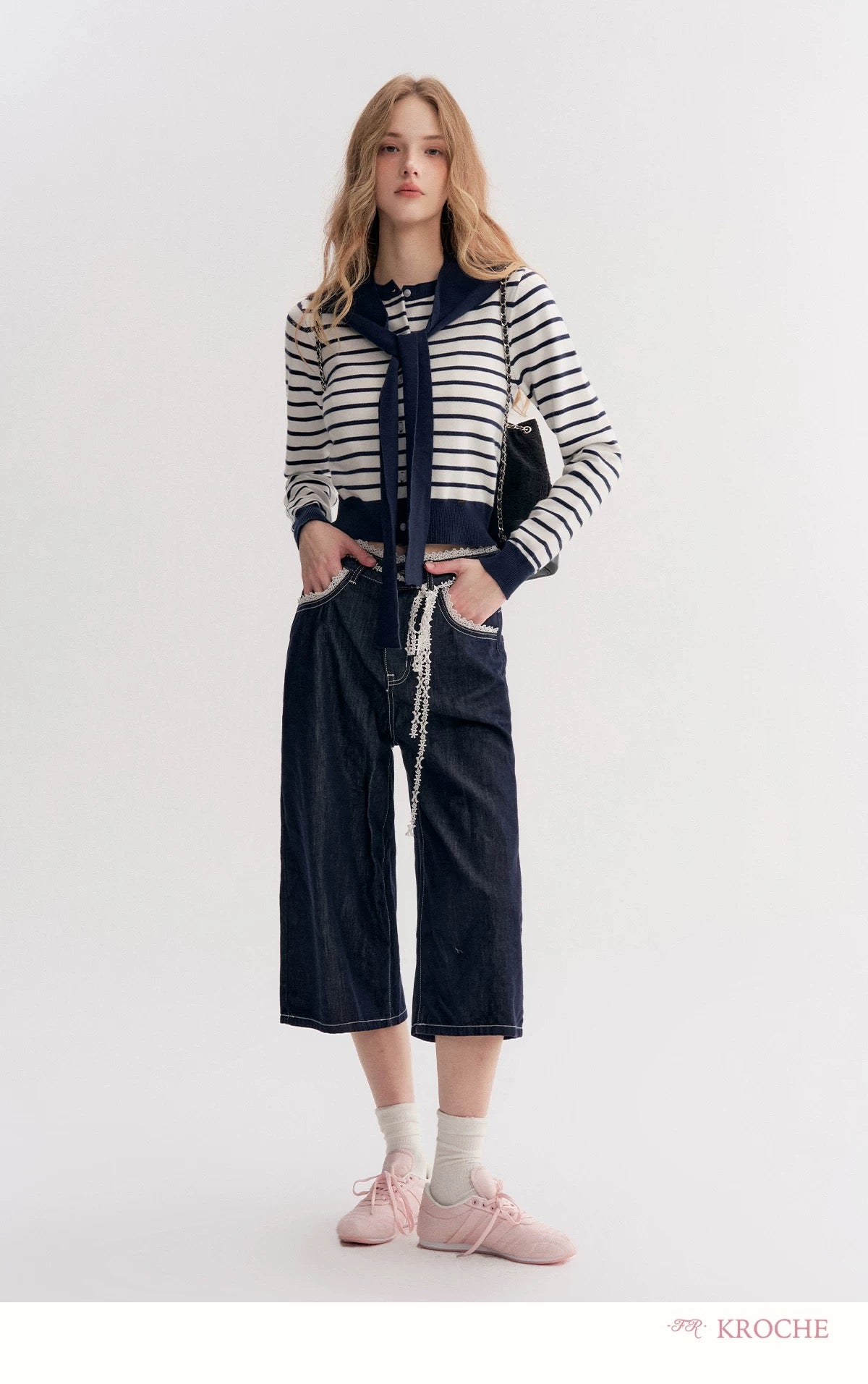 Kroche Lace patchwork loose denim cropped pants