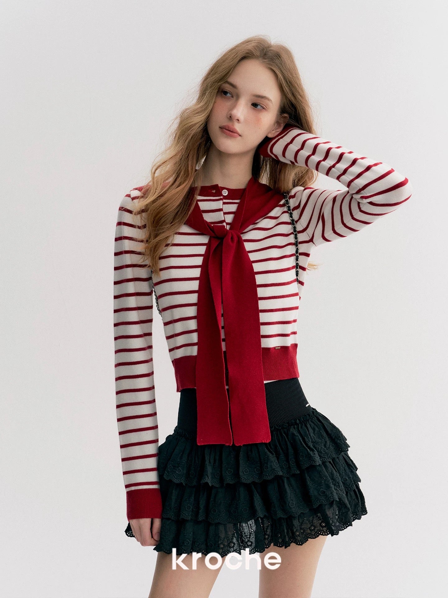 Kroche Two piece set of contrasting striped cardigan knitted shawl
