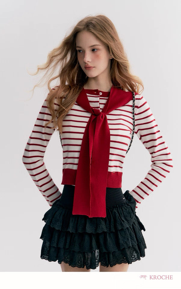 Kroche Two piece set of contrasting striped cardigan knitted shawl