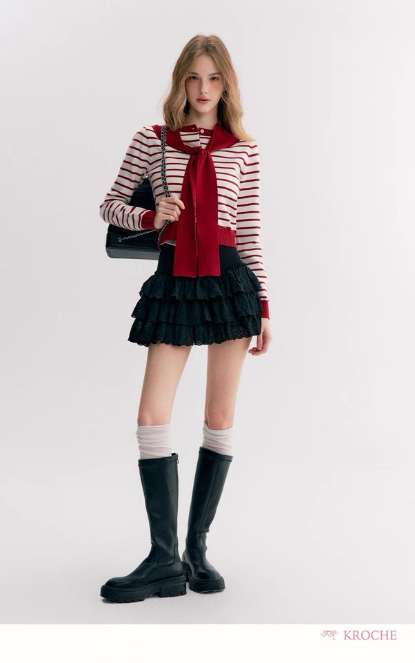 Kroche Two piece set of contrasting striped cardigan knitted shawl