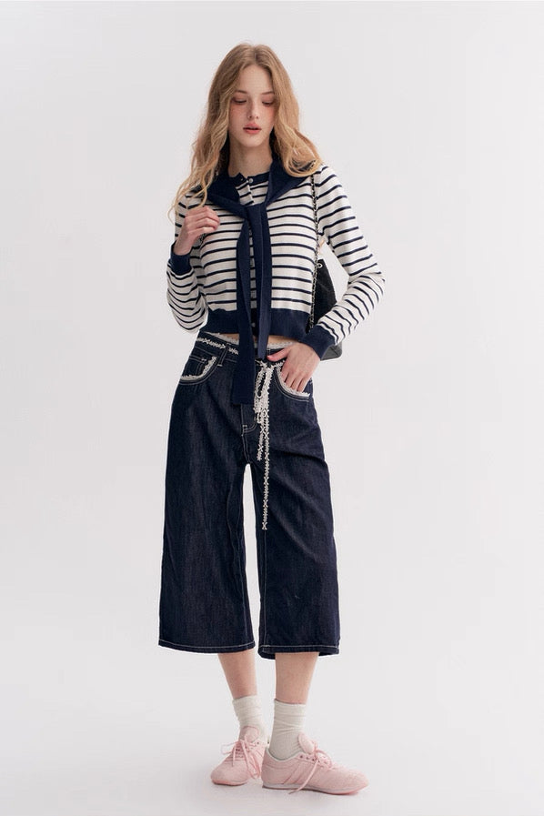 Kroche Two piece set of contrasting striped cardigan knitted shawl