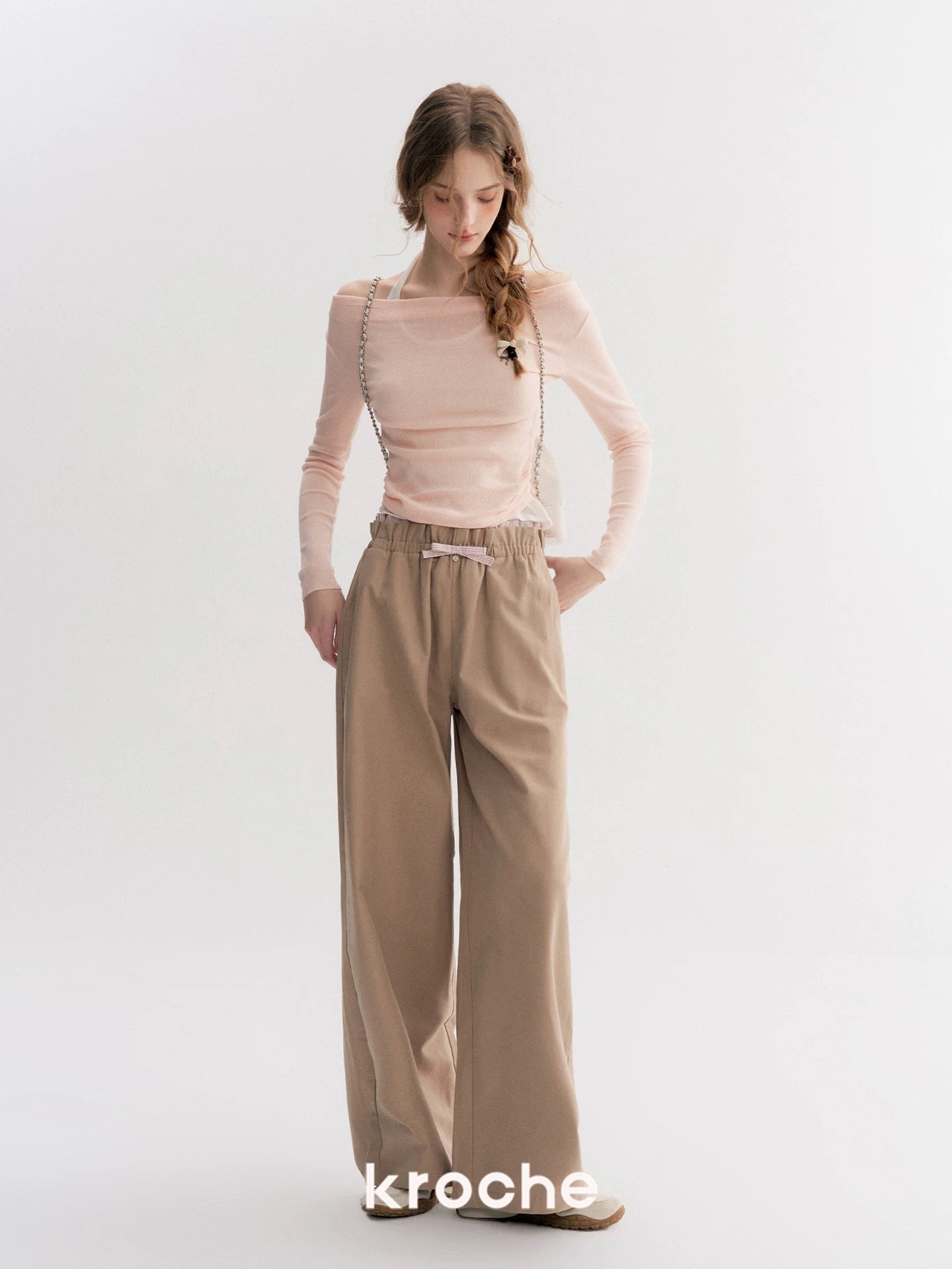 Kroche Color blocking checkered patchwork wide leg pants
