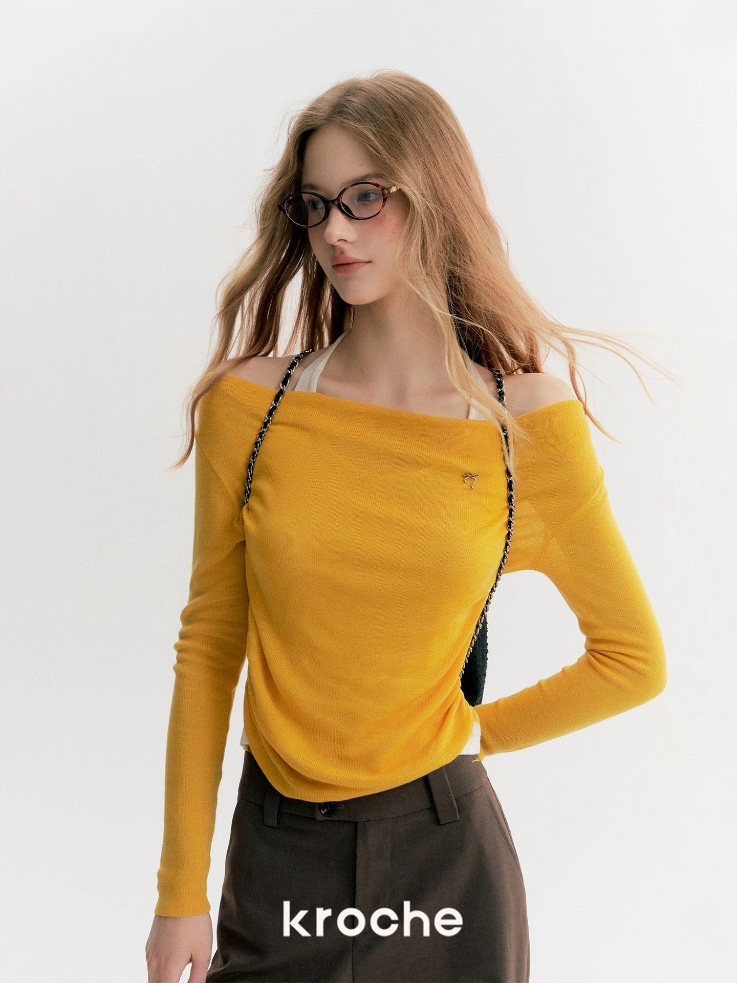Kroche Fake two-piece pleated one shoulder knitted sweater