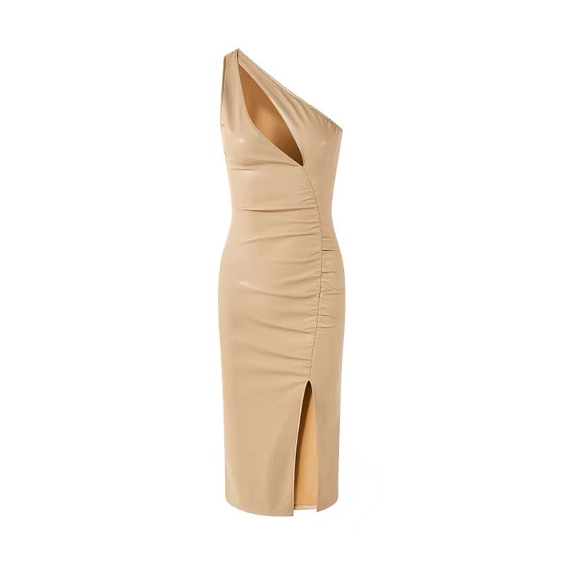 FIND YA WINGS French modern off shoulder irregular leather dress