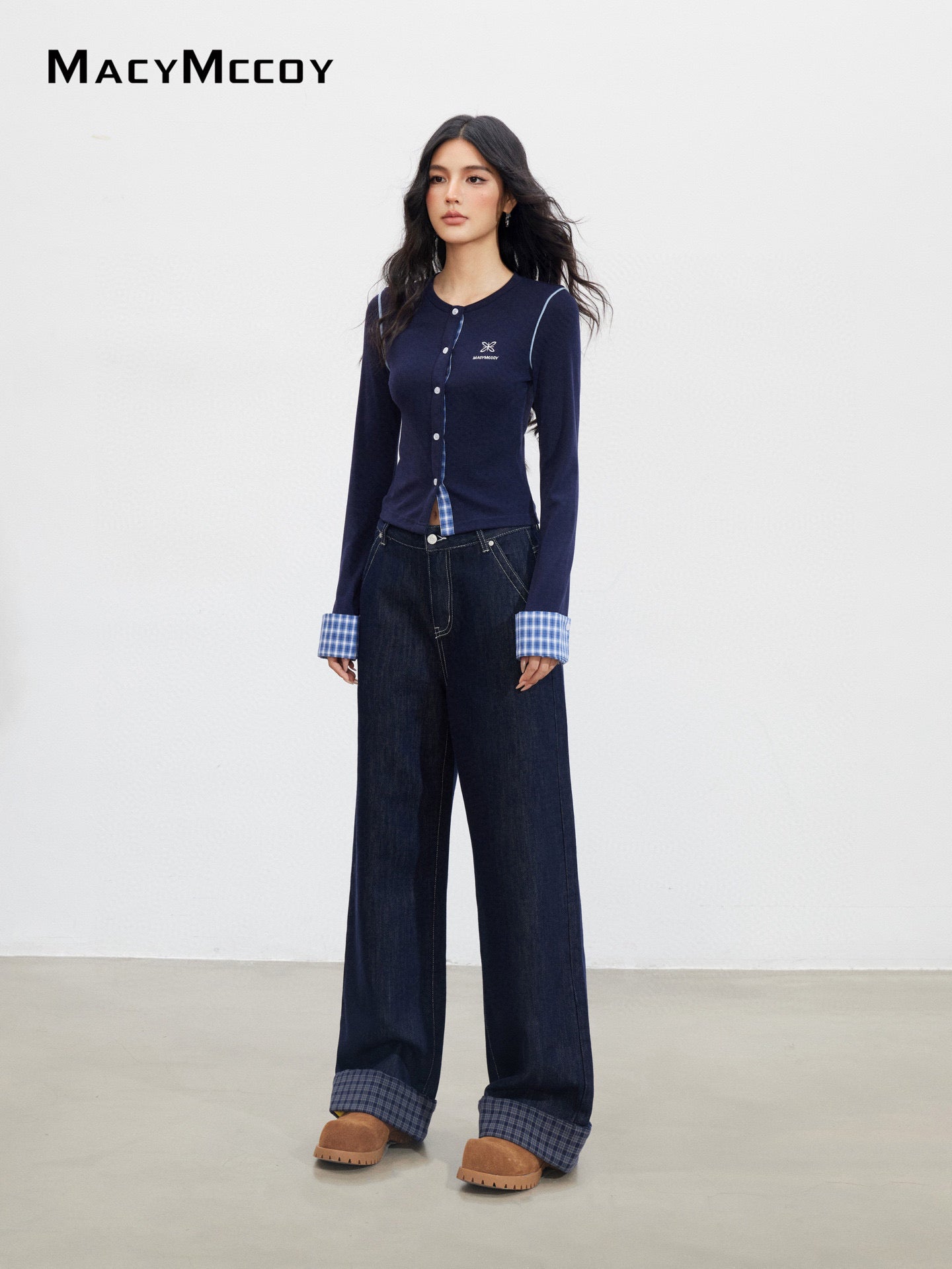 MacyMccoy MMC2025147 Plaid embroidered knitted top