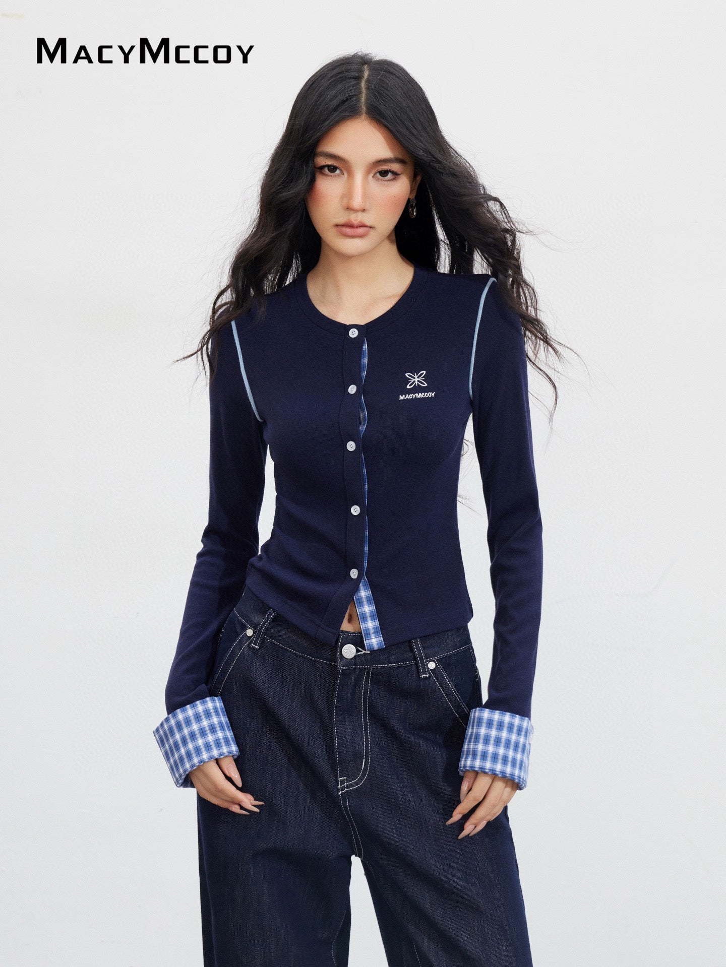 MacyMccoy MMC2025147 Plaid embroidered knitted top