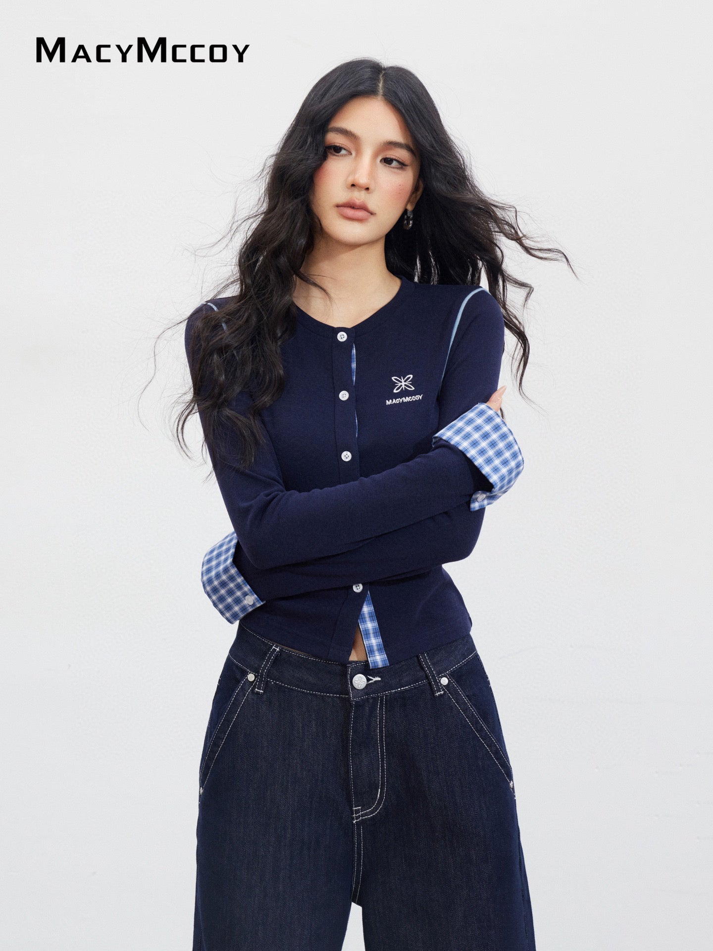 MacyMccoy MMC2025147 Plaid embroidered knitted top