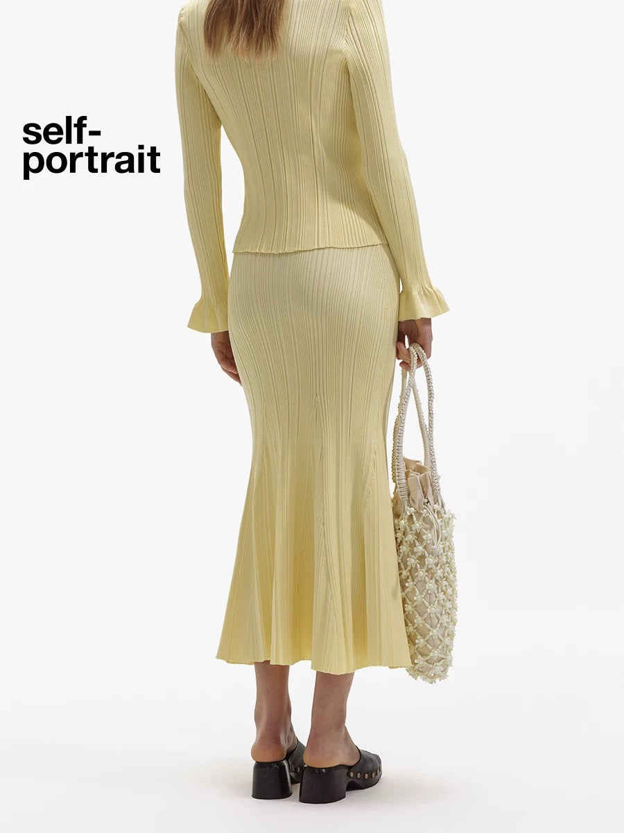 Self-Portrait SALE Cream Yellow Elastic Knit Midi Skirt
