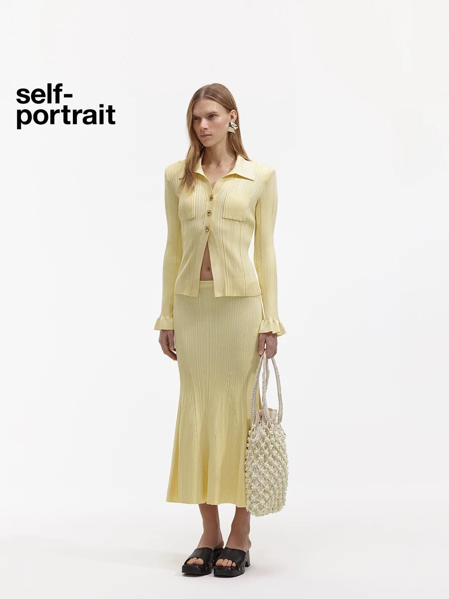 Self-Portrait SALE Cream Yellow Elastic Knit Midi Skirt