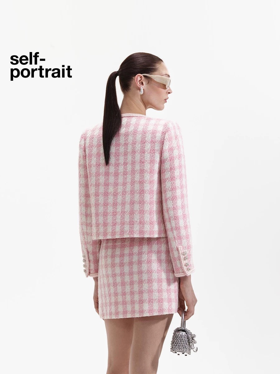 Self-Portrait SALE Pink Checkered Diamond-Trimmed Coat