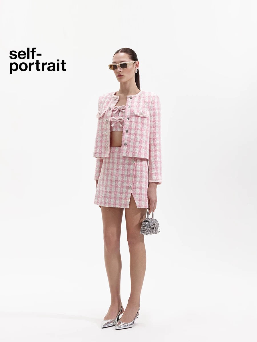 Self-Portrait SALE Pink Checkered Diamond-Trimmed Coat