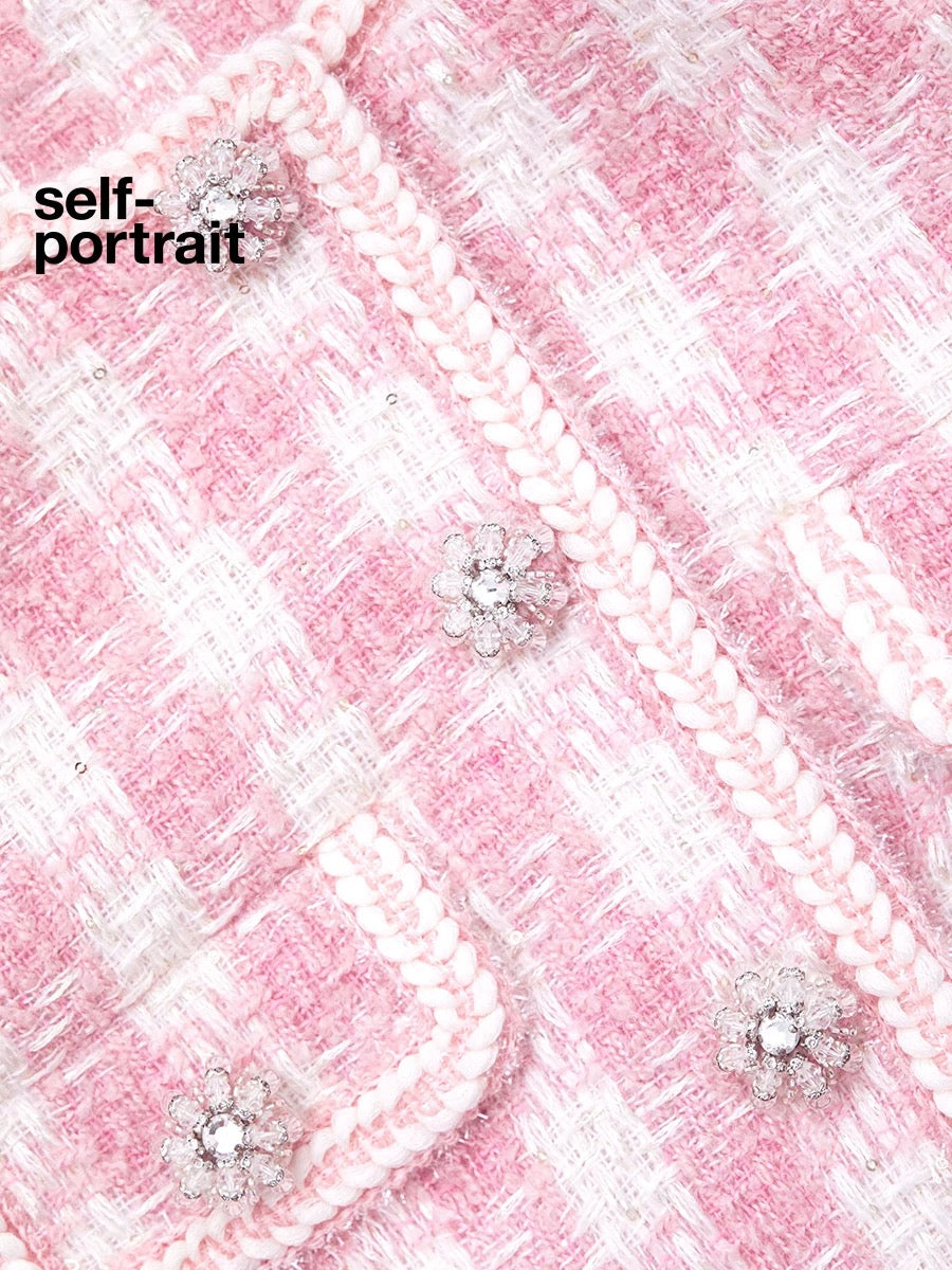 Self-Portrait SALE Pink Checkered Diamond-Trimmed Coat