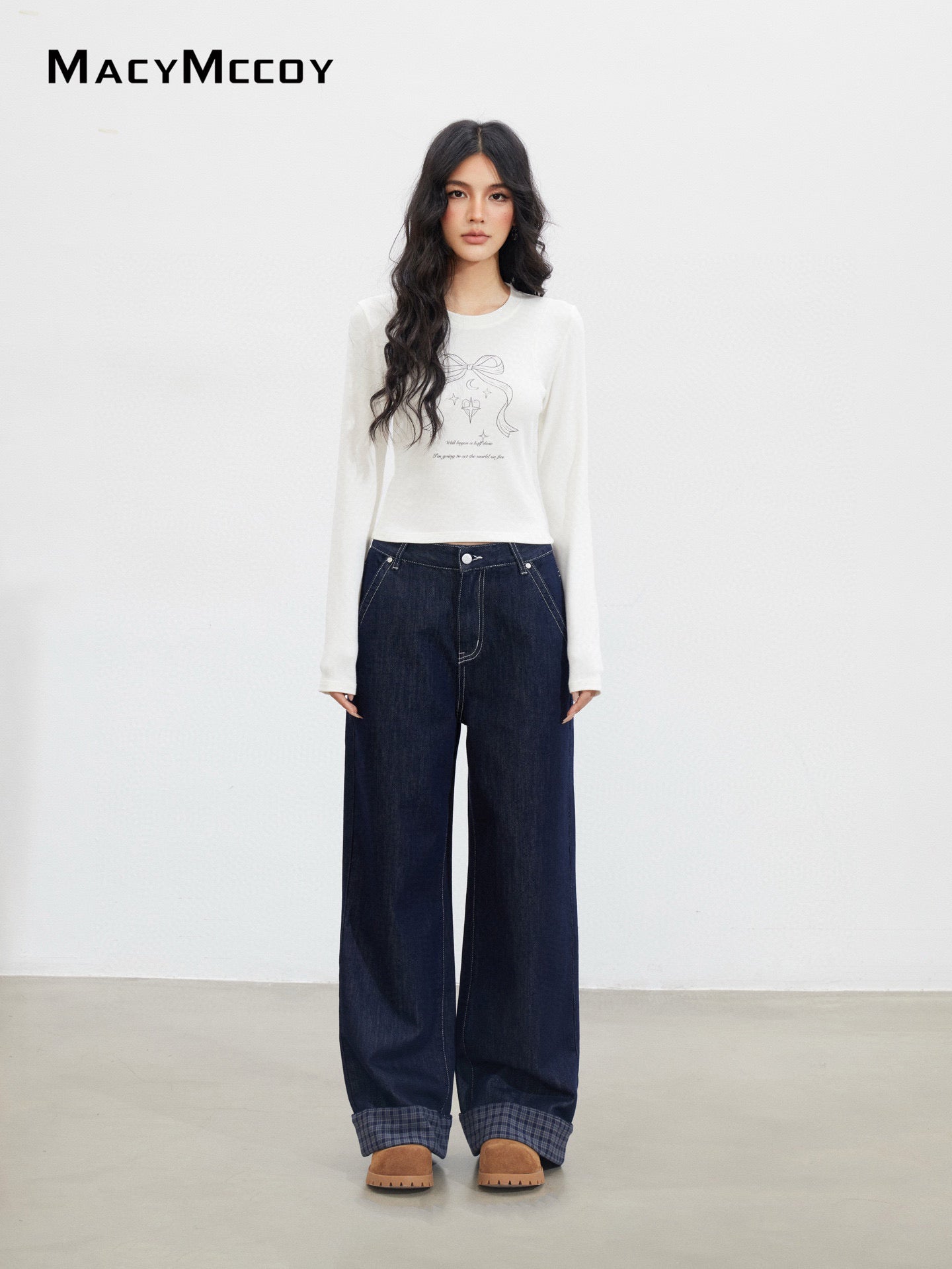 MacyMccoy MMC2025151 Grid splicing denim wide leg pants