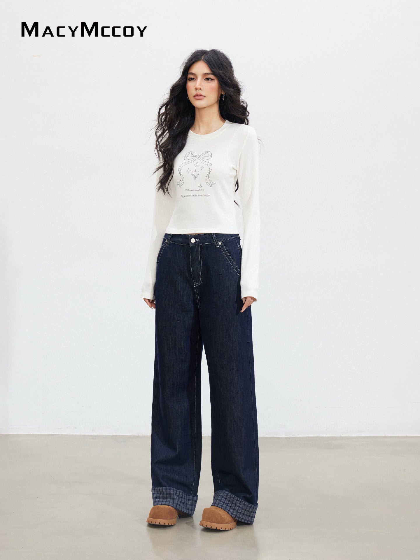 MacyMccoy MMC2025151 Grid splicing denim wide leg pants