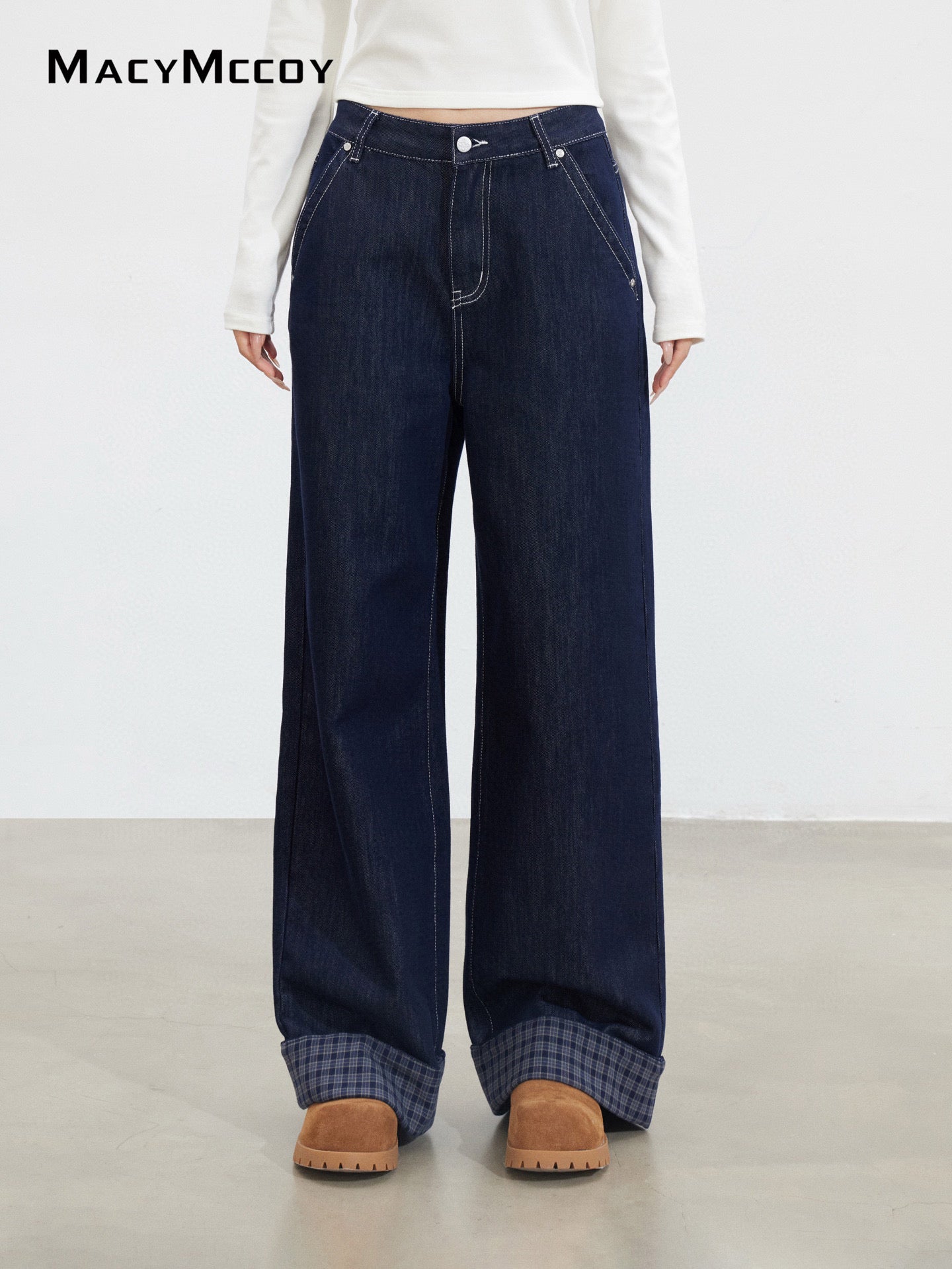 MacyMccoy MMC2025151 Grid splicing denim wide leg pants