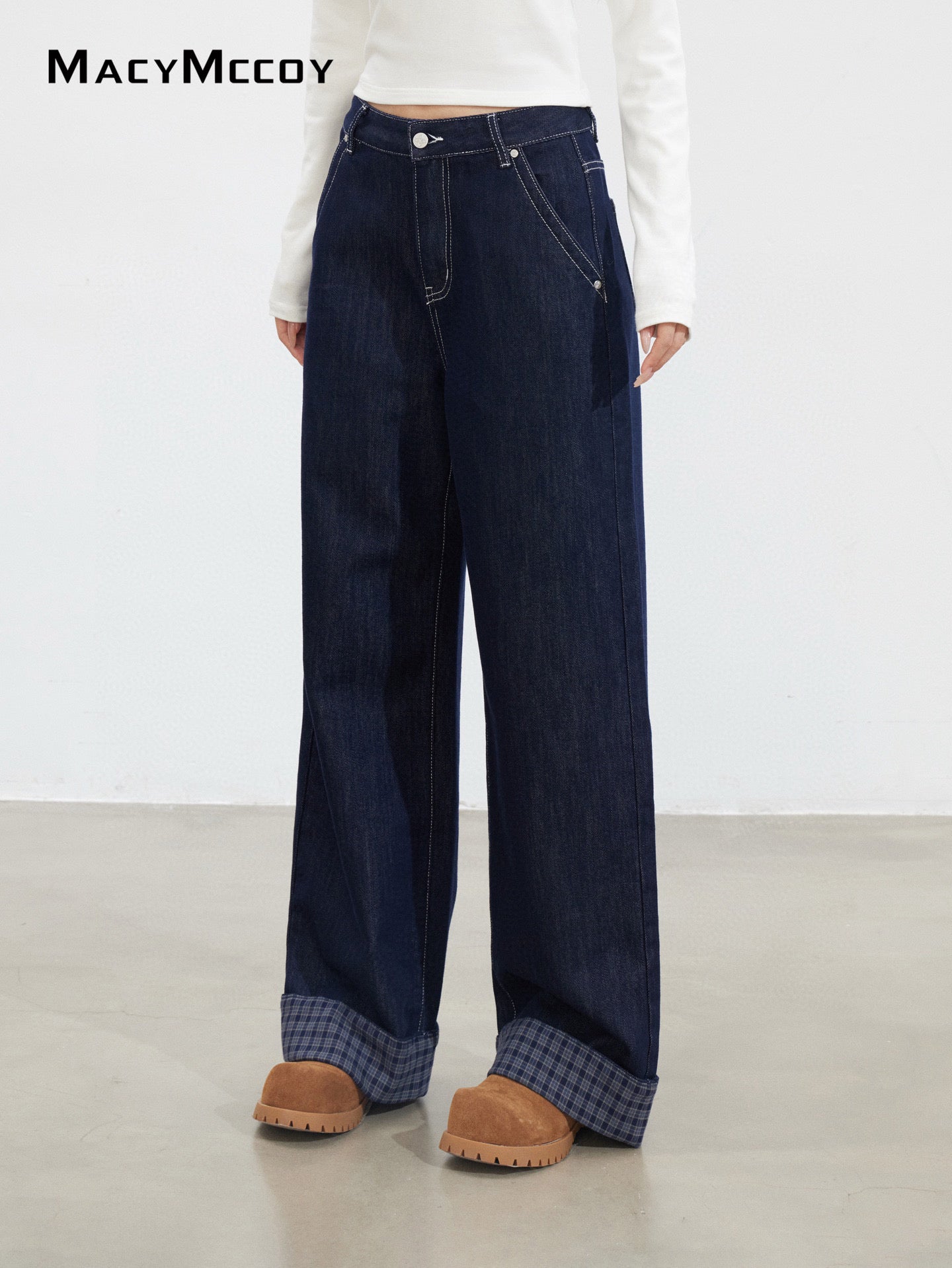 MacyMccoy MMC2025151 Grid splicing denim wide leg pants