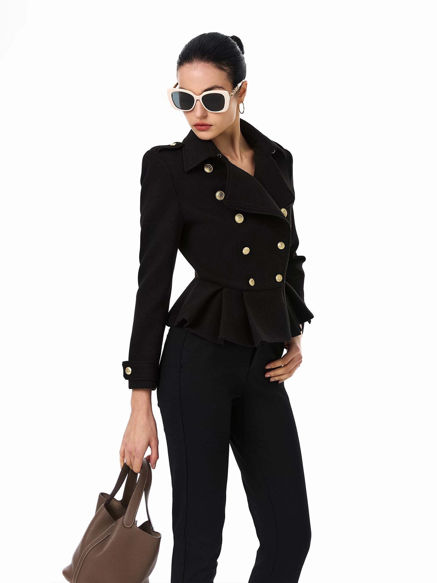 FIND YA WINGS Heavy duty texture double breasted black woolen suit short jacket