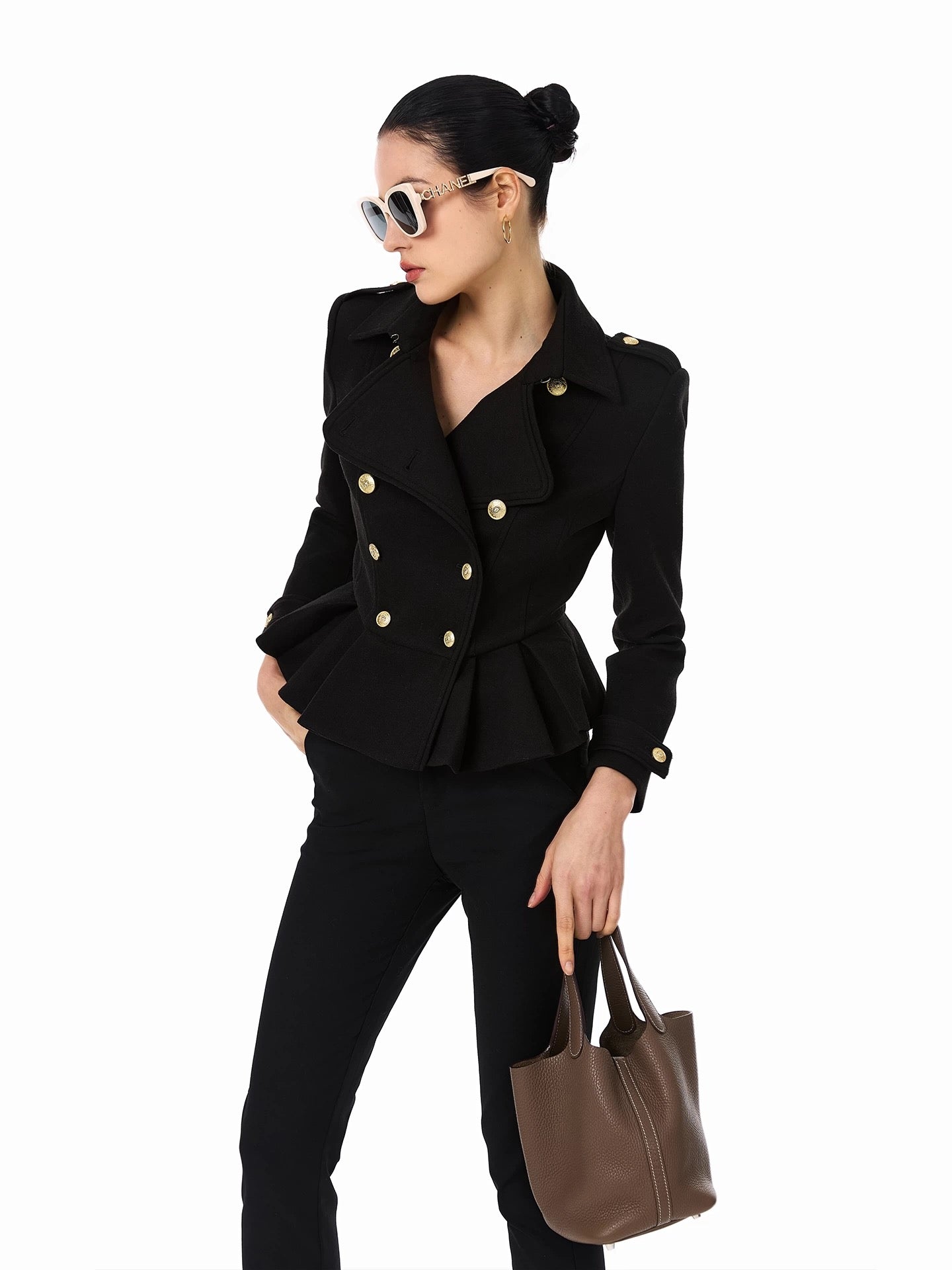 FIND YA WINGS Heavy duty texture double breasted black woolen suit short jacket