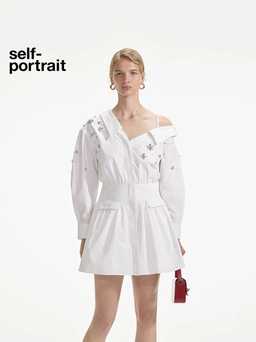 Self-Portrait SALE Pure white diamond embellished shirt dress