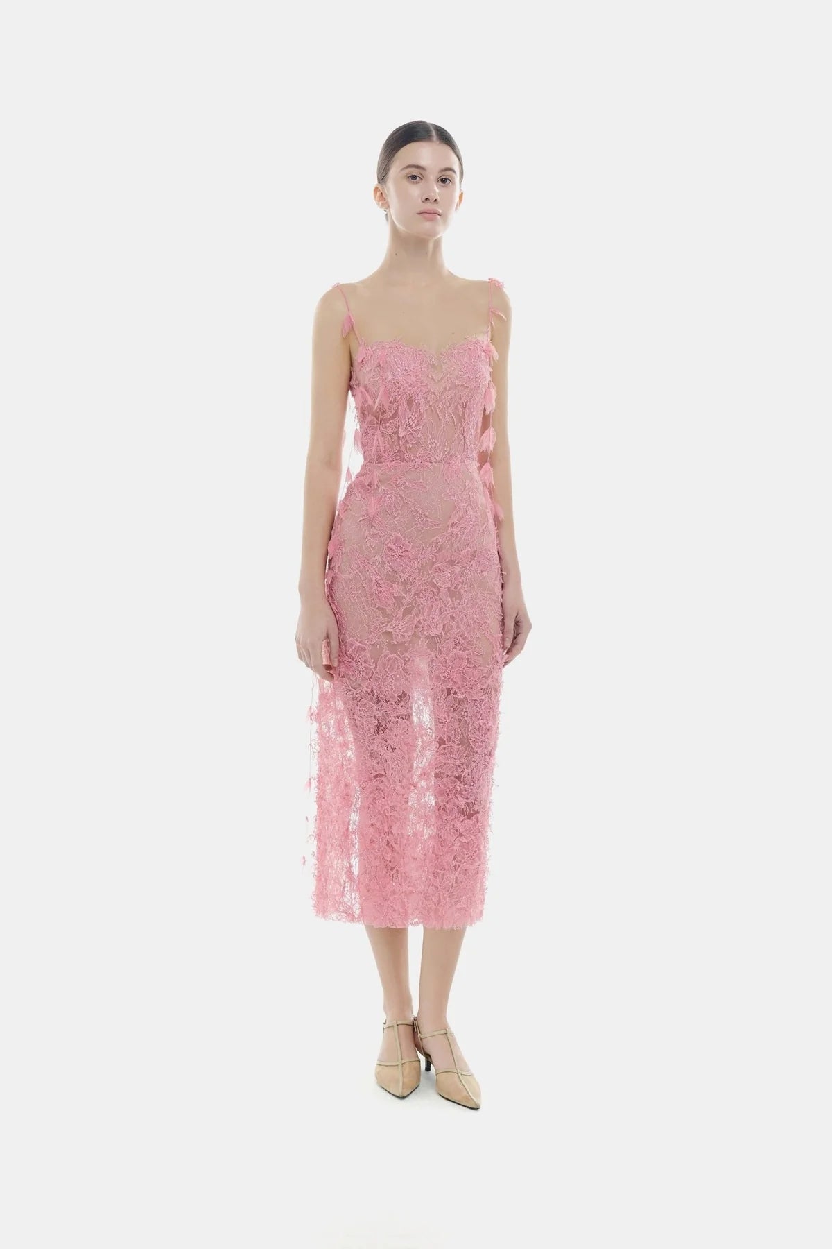 Montsand Pink Beaded Lace Pencil Dress
