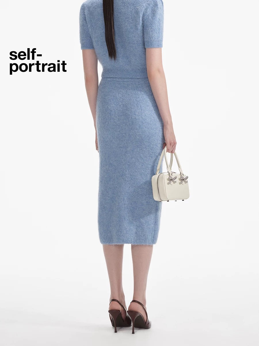 Self-Portrait SALE Mist blue knitted bodycon skirt