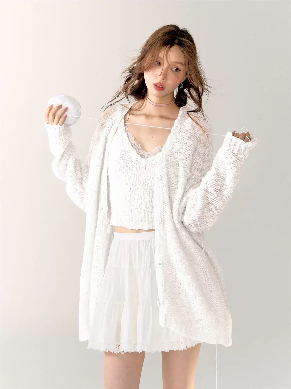 AsGony ASG24408&ASG24407 Lace patchwork hollow knitted cardigan + camisole set