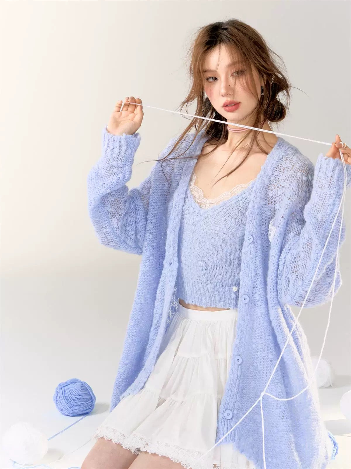 AsGony ASG24408&ASG24407 Lace patchwork hollow knitted cardigan + camisole set