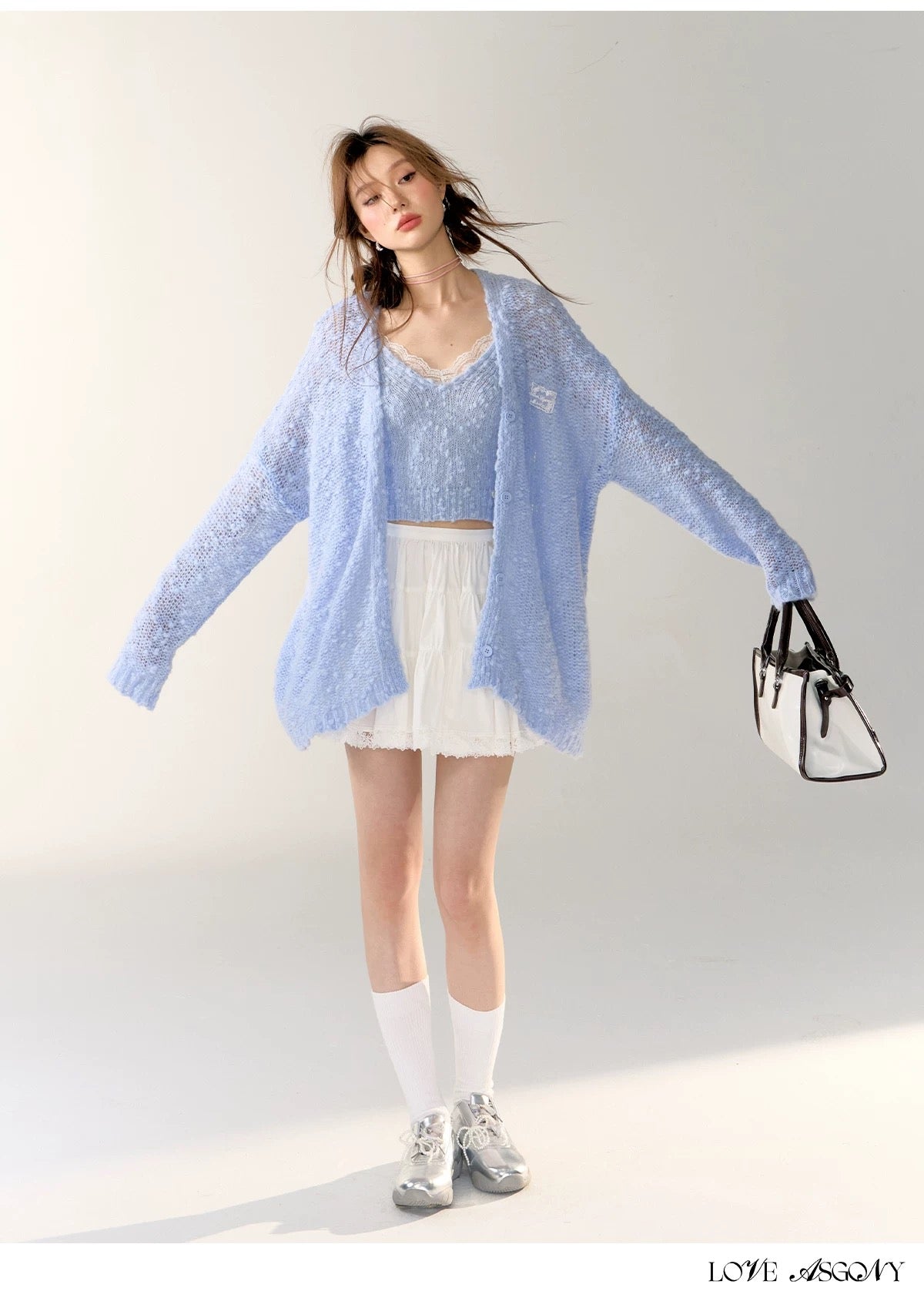 AsGony ASG24408&ASG24407 Lace patchwork hollow knitted cardigan + camisole set