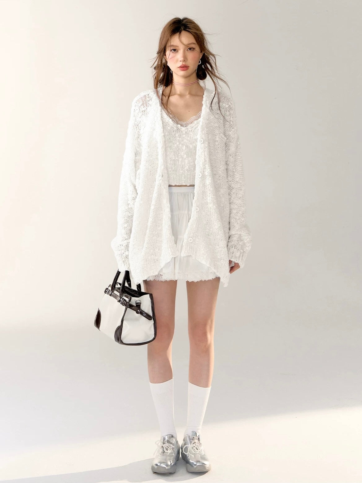 AsGony ASG24408&ASG24407 Lace patchwork hollow knitted cardigan + camisole set