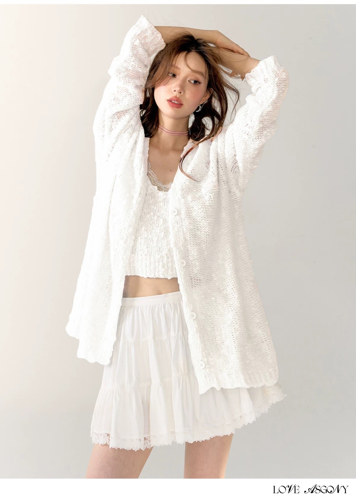 AsGony ASG24408&ASG24407 Lace patchwork hollow knitted cardigan + camisole set