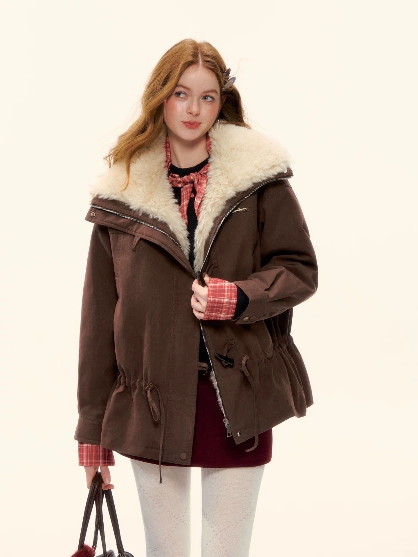 AsGony ASG25589 White duck down big suede collar jacket