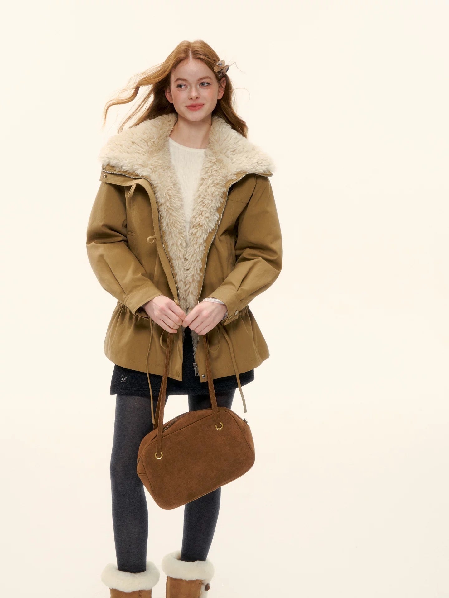 AsGony ASG25589 White duck down big suede collar jacket