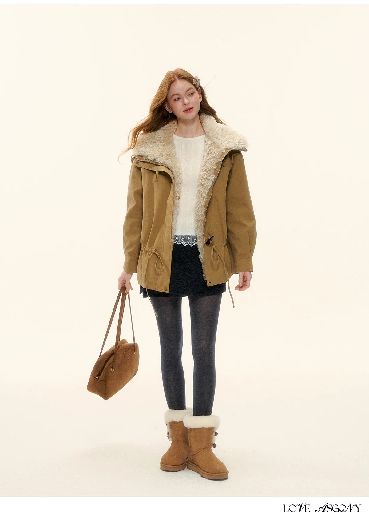 AsGony ASG25589 White duck down big suede collar jacket