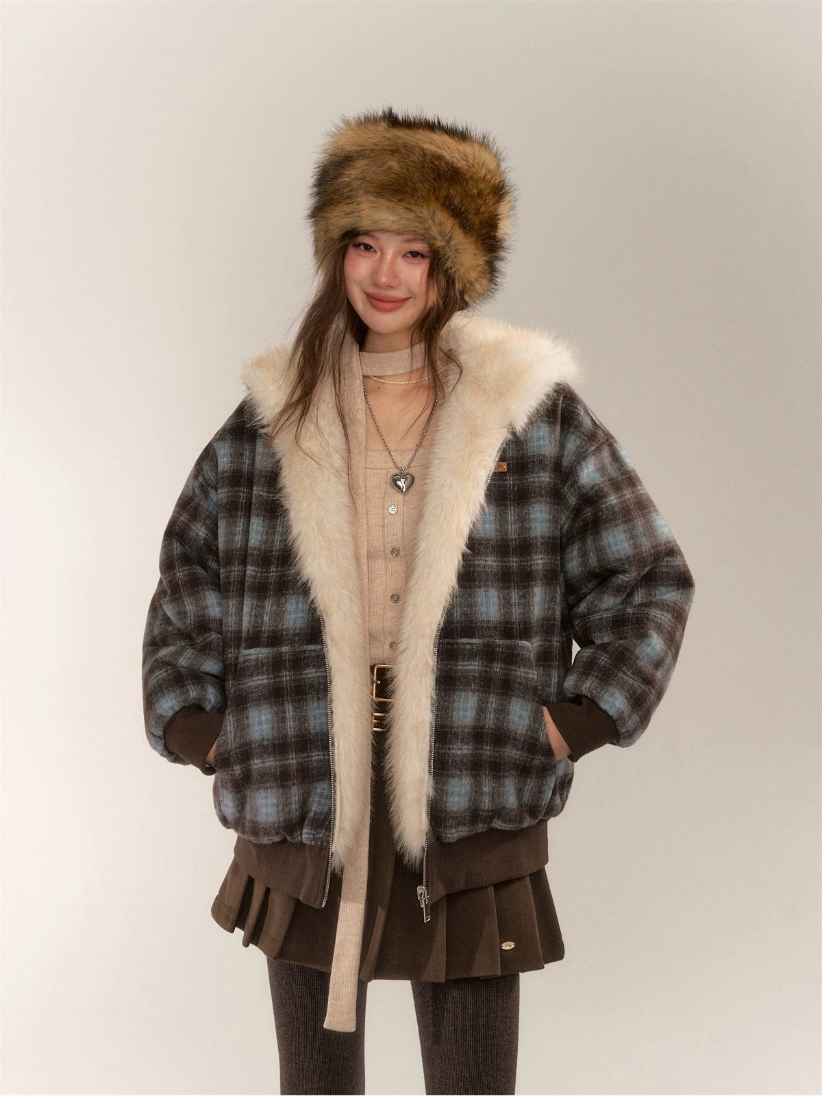AsGony ASG24674 Double sided plaid plush jacket